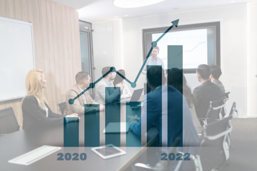 Bar graph arrow points up to 2022 people at office